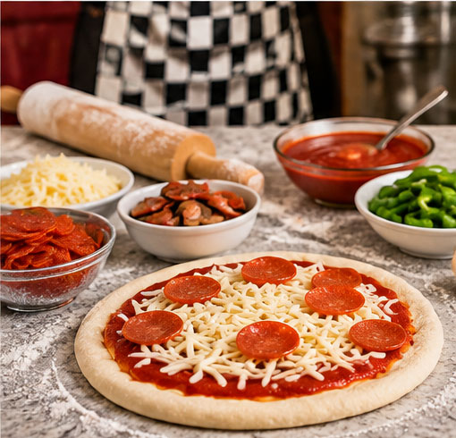Pizza shop mystery party with homemade pizza, chef hat and mystery clues