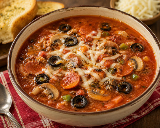 Pizza soup with Italian flavors and melted cheese