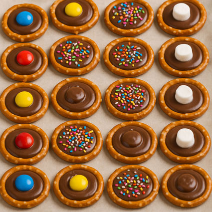 Chocolate pretzel treats decorated with colorful toppings