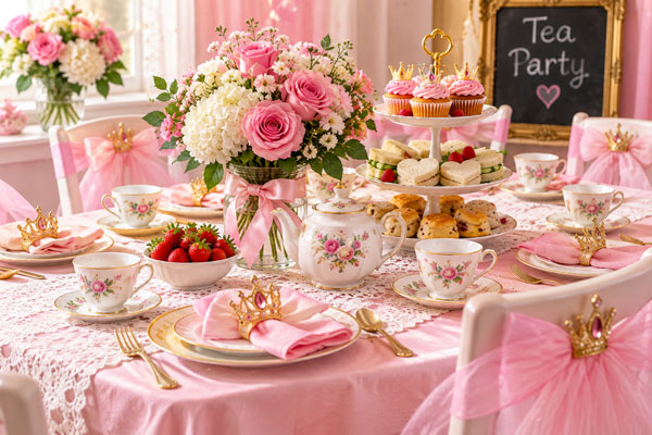 Pink princess tea party table with cups and party decorations