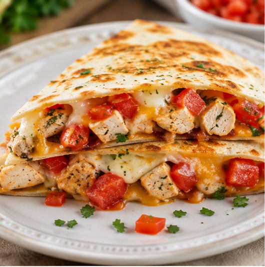 Cheesy chicken quesadilla with tomatoes