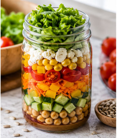 Rainbow garden salad layered in a mason jar with colorful vegetables