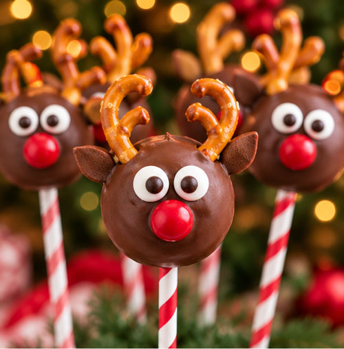 Christmas cake pops decorated as reindeer