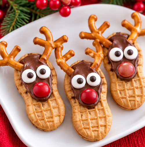 Nutter Butter cookies decorated as Christmas reindeer