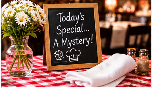 Restaurant mystery party with table setting, chef hat and clues