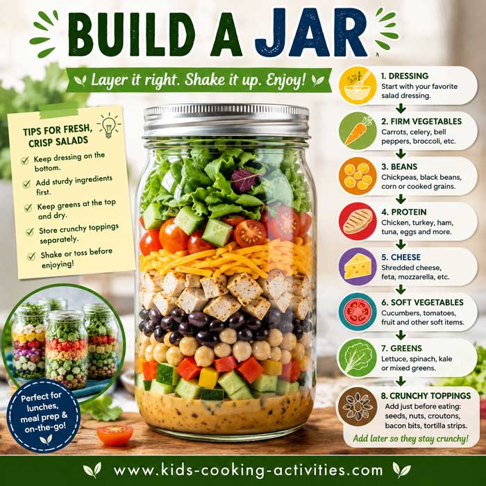 Salad in a jar layering order from dressing and firm vegetables to protein cheese soft vegetables and greens