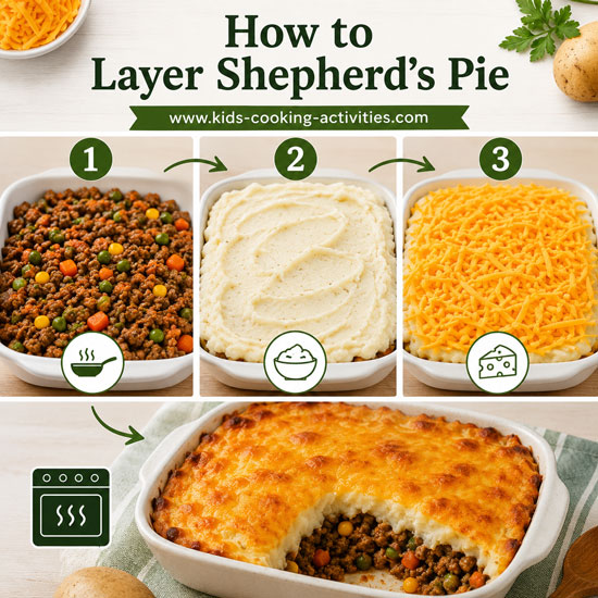 How to layer shepherd's pie with beef and vegetables, mashed potatoes and cheddar cheese