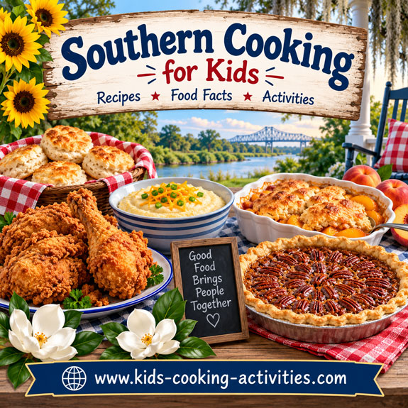 Southern cooking lesson for kids with traditional foods from the Southern United States