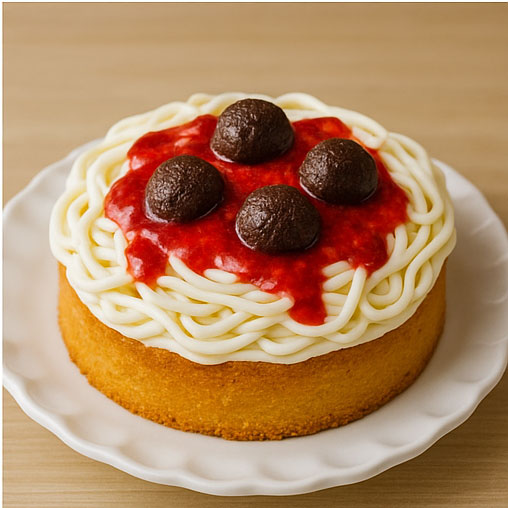 Spaghetti and meatballs themed birthday cake
