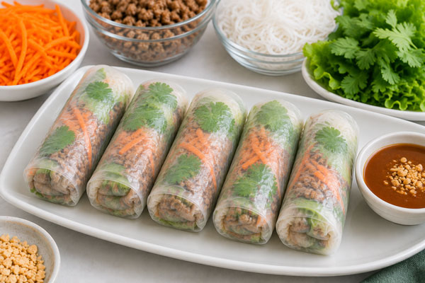 Fresh spring rolls filled with ground beef and shredded carrots