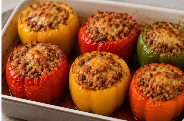 Baked stuffed bell peppers filled with beef, rice and vegetables