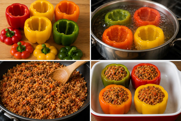 Steps for preparing, filling and baking beef and rice stuffed bell peppers
