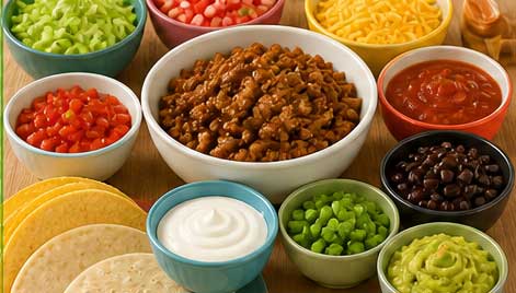 Build-your-own taco bar with meat beans vegetables cheese salsa and guacamole
