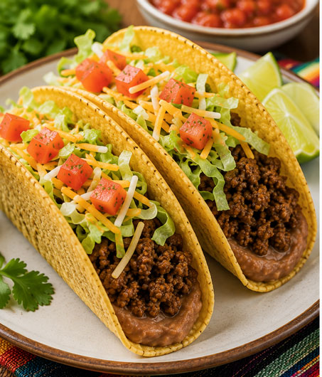 Classic ground beef tacos with lettuce cheese tomatoes and salsa