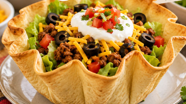 Taco salad with lettuce cheese salsa and toppings