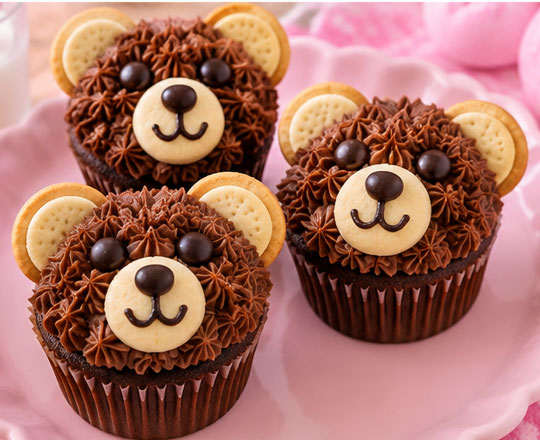 Chocolate teddy bear cupcakes decorated with bear faces
