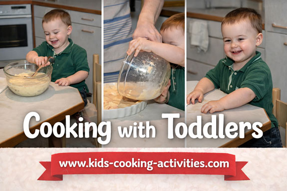 Cooking with toddlers helping mix batter