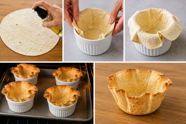 Taco salad served in an edible tortilla bowl