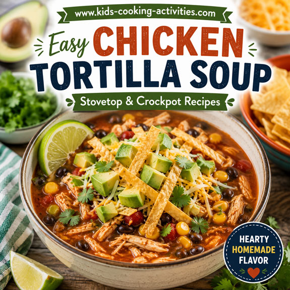 Easy chicken tortilla soup with chicken, beans, corn, avocado and tortilla strips
