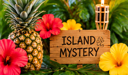 Tropical mystery dinner with pineapple, flowers and island decorations