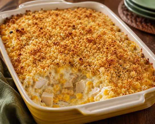 Turkey and corn casserole with creamy white sauce and buttery breadcrumb topping