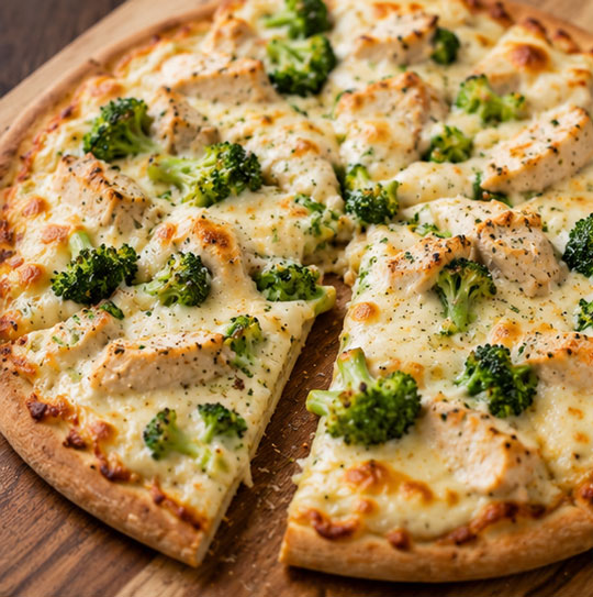 Chicken and broccoli Alfredo pizza with mozzarella cheese