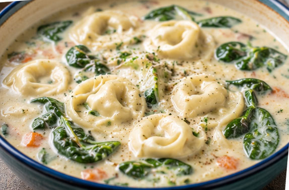 Creamy Alfredo tortellini and spinach soup