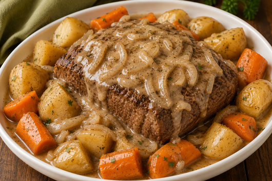 Slow cooker pot roast with potatoes and gravy