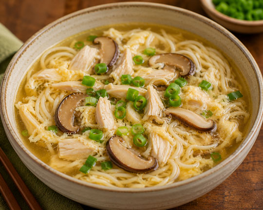 Asian chicken soup with noodles vegetables and herbs