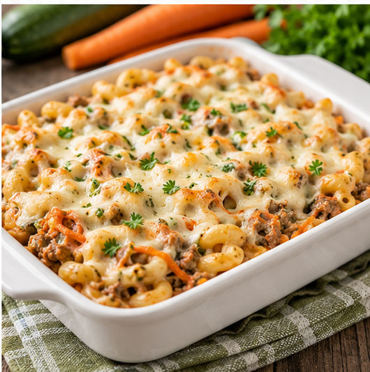 Cheesy vegetable pasta bake with ground beef, pasta, mozzarella cheese, and hidden vegetables