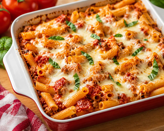 Baked ziti with tomato sauce and melted cheese