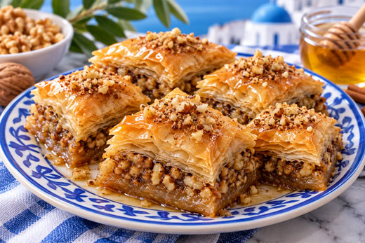 Greek-style walnut baklava made with layers of phyllo pastry nuts and honey syrup