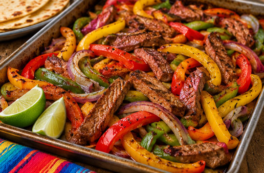 Sheet pan beef fajitas with peppers and onions