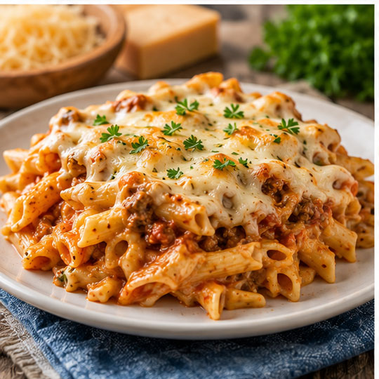 Layered hamburger pasta casserole with spaghetti sauce and melted mozzarella cheese