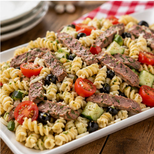Italian beef pasta salad with rotini tomatoes peppers olives and Italian dressing