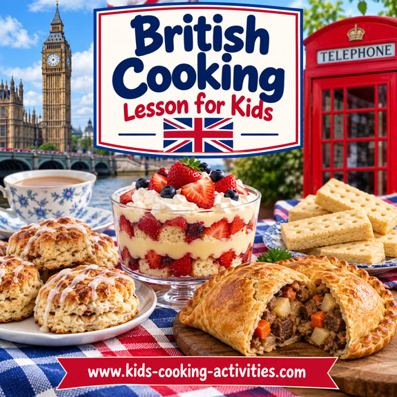 British cooking lesson for kids with traditional foods from England and the United Kingdom