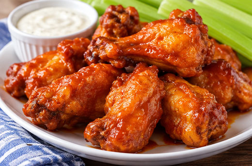 Baked Buffalo chicken wings for an American cooking lesson