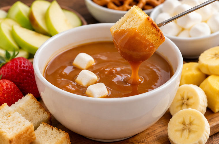 Warm caramel fondue with fruit and dessert dippers