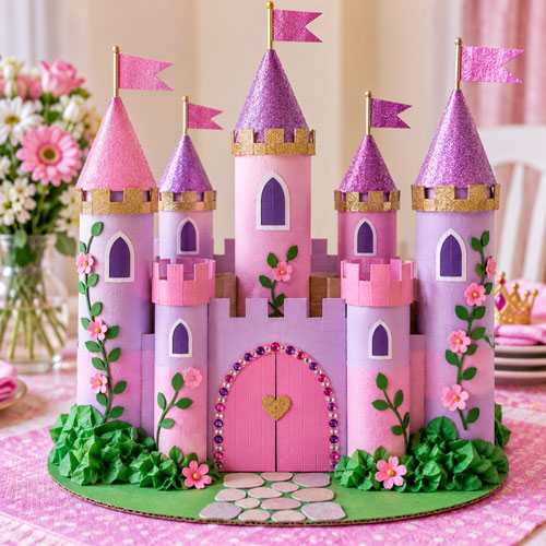 Homemade castle centerpiece made from recyclable boxes and cardboard tubes