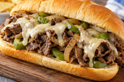 Homemade Philly cheesesteak sandwich with thinly sliced beef and cheese