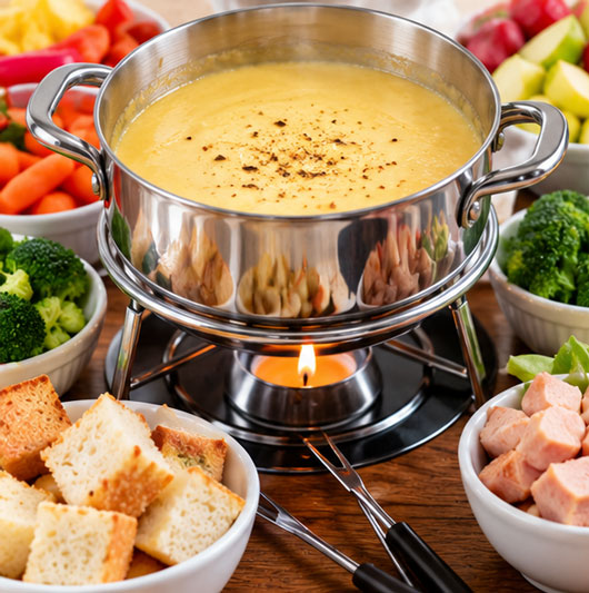 Warm cheese fondue with bread and savory dippers