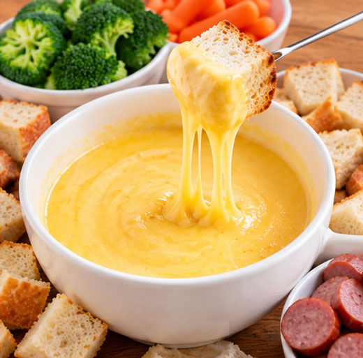 Quick cheese fondue with bread and vegetable dippers