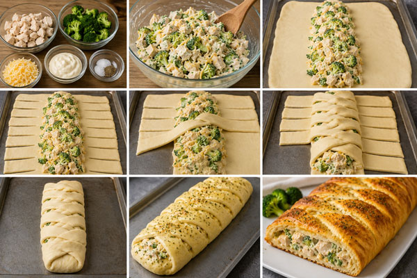 Chicken broccoli braid wrapped with overlapping dough strips