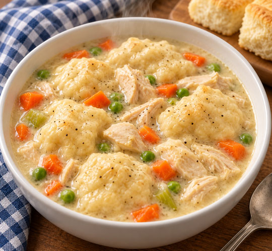 Quick chicken and dumplings in a creamy broth