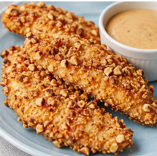Nutty baked chicken fingers with pecan cornflake coating