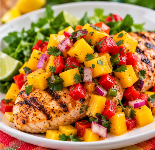 Chicken topped with colorful fresh mango salsa