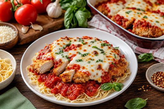 Chicken Parmesan with tomato sauce, mozzarella and pasta