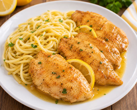 Breaded chicken piccata with honey lemon sauce and pasta