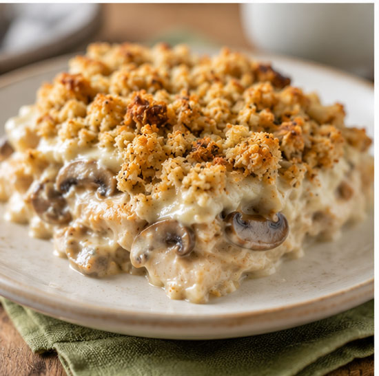 Swiss chicken and stuffing casserole baked until golden brown