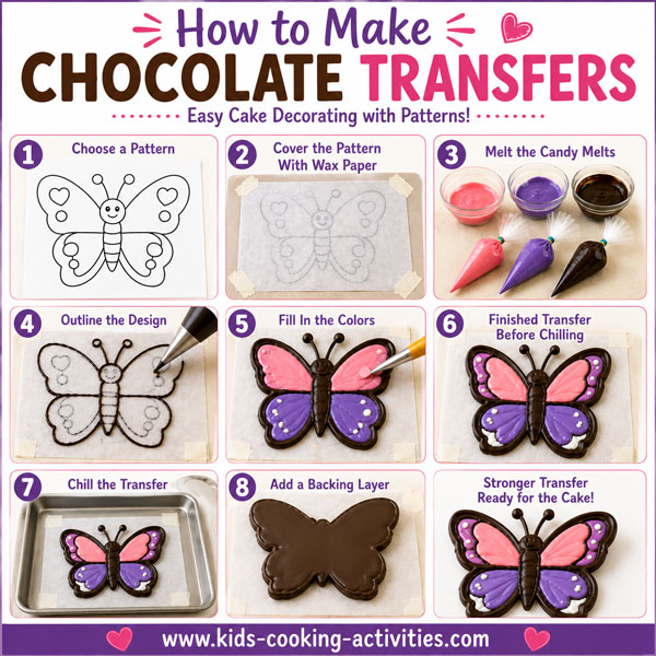 cake decorated with a chocolate transfer for cake decorating
